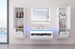 Badspiegel Badmöbel Set Komplett mit Zwei Hängeschränken Weiß Hochglanz lackiert Fronten Spiegel mit Beleuchtung  Waschbecken 90 cm