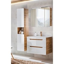Spiegel Badezimmer Badmöbel Set, Hochglanz weiß Wotan Eiche, Waschtischunterschrank mit 80cm Keramik-Waschbecken, LED-Spiegelschrank, Hochschrank