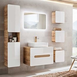 Spiegel Badezimmermöbel Set in Hochglanz weiß mit Wotaneiche Holz, Keramik-Waschtisch mit Unterschrank, LED-Spiegel