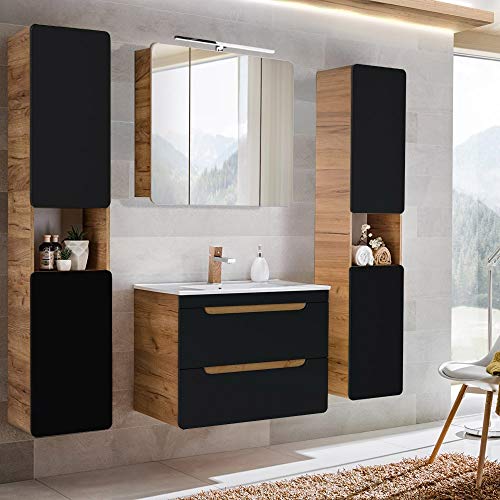 Spiegel Badmöbel Kombination Badezimmermöbel Set schwarz mit Keramik Waschtisch mit 80cm Unterschrank, seidenmatt anthrazit mit Eiche, 2 Hochschränke und LED-Spiegelschrank