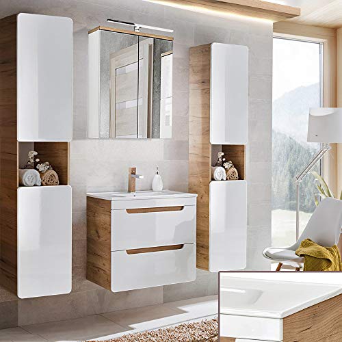 Spiegel Badmöbel Kombination Komplett Set, Hochglanz weiß mit Eiche, 60cm Keramik Waschtisch & LED-Spiegelschrank Hochschränke