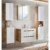 Spiegel Badmöbel Set in Hochglanz weiß mit Wotan Eiche, Keramik Waschtisch mit 80cm Unterschrank, LED Spiegelschrank, Hängeschränke, Hochschrank