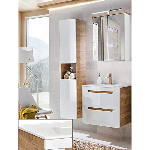 Spiegel Kombination Komplett Badezimmer Set in Hochglanz weiß mit Eiche, 60cm Keramik Waschtisch mit Unterschrank & Hochschrank, LED Spiegelschrank
