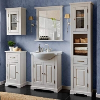Spiegel Landhaus Badmöbel Set Massivholz weiß Waschtischunterschrank & Keramik Waschbecken Landhaus klassisch kleines Badezimmer
