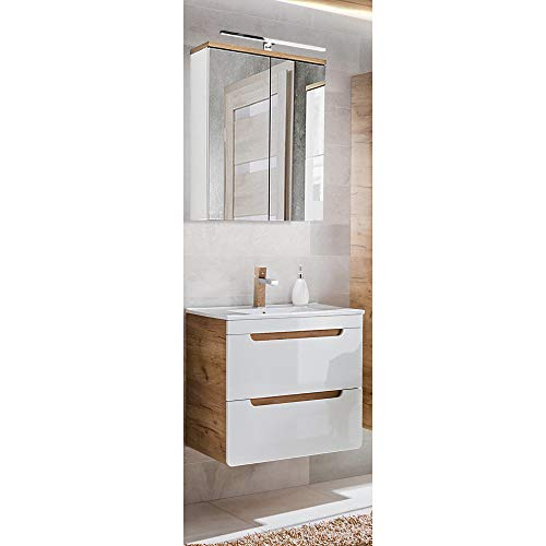 Spiegelschrank Badezimmer Waschplatz Set in Hochglanz weiß mit Eiche, Badspiegel mit 60cm Keramik Waschtisch mit Unterschrank & LED-Spiegelschrank