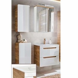 Spiegelschrank Badezimmermöbel Set in Hochglanz weiß mit Eiche, Badmöbel Kombination 60cm Keramik Waschtisch mit Unterschrank, LED-Spiegel, Hängeschrank