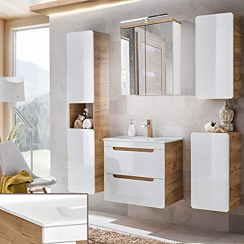 Spiegelschrank Badmöbel Komplett Set, Hochglanz weiß mit Wotan Eiche Waschtischschrank & Keramik-Waschtisch & LED-Spiegel Badezimmer modern