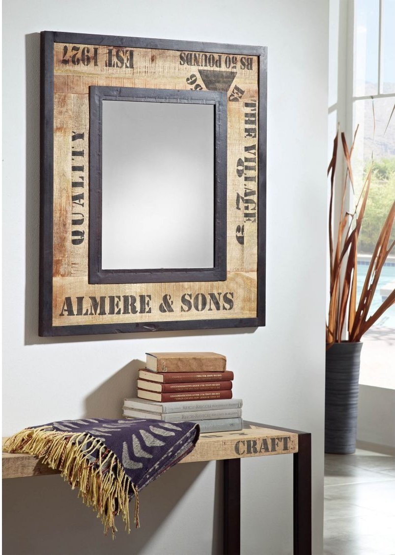 Bedruckter Spiegel Holzbox Design Wandspiegel Mango 90x3x80 Natur bedruckt Dekorativer Designspiegel modernes Wohnen