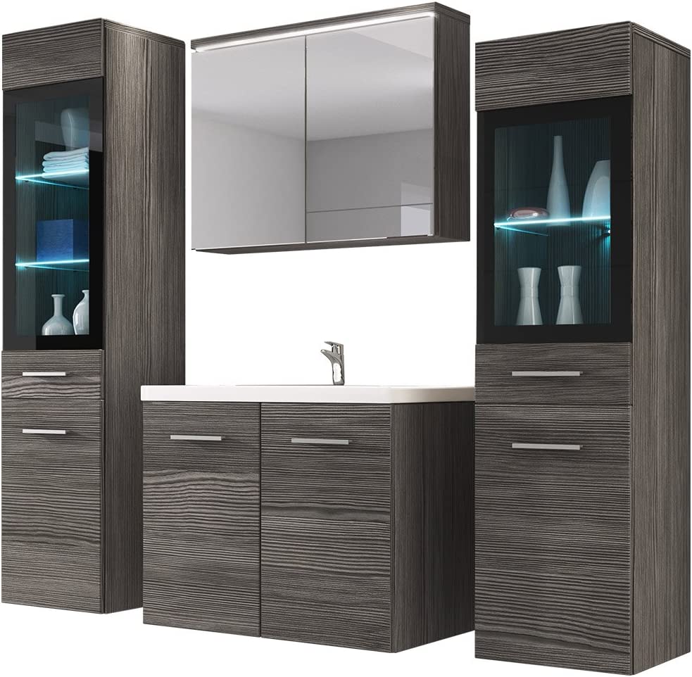 Badmöbel Set mit Waschbecken Modernes Badezimmer Komplett Spiegelschrank Waschtisch Hochschrank Möbel