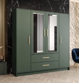 Garderobenschrank, Kleiderschrank Design Berlin - Grün + Gold Mattgrün Türen mit Spiegel, 2 Schubladen und 2 Spiegel, Modern