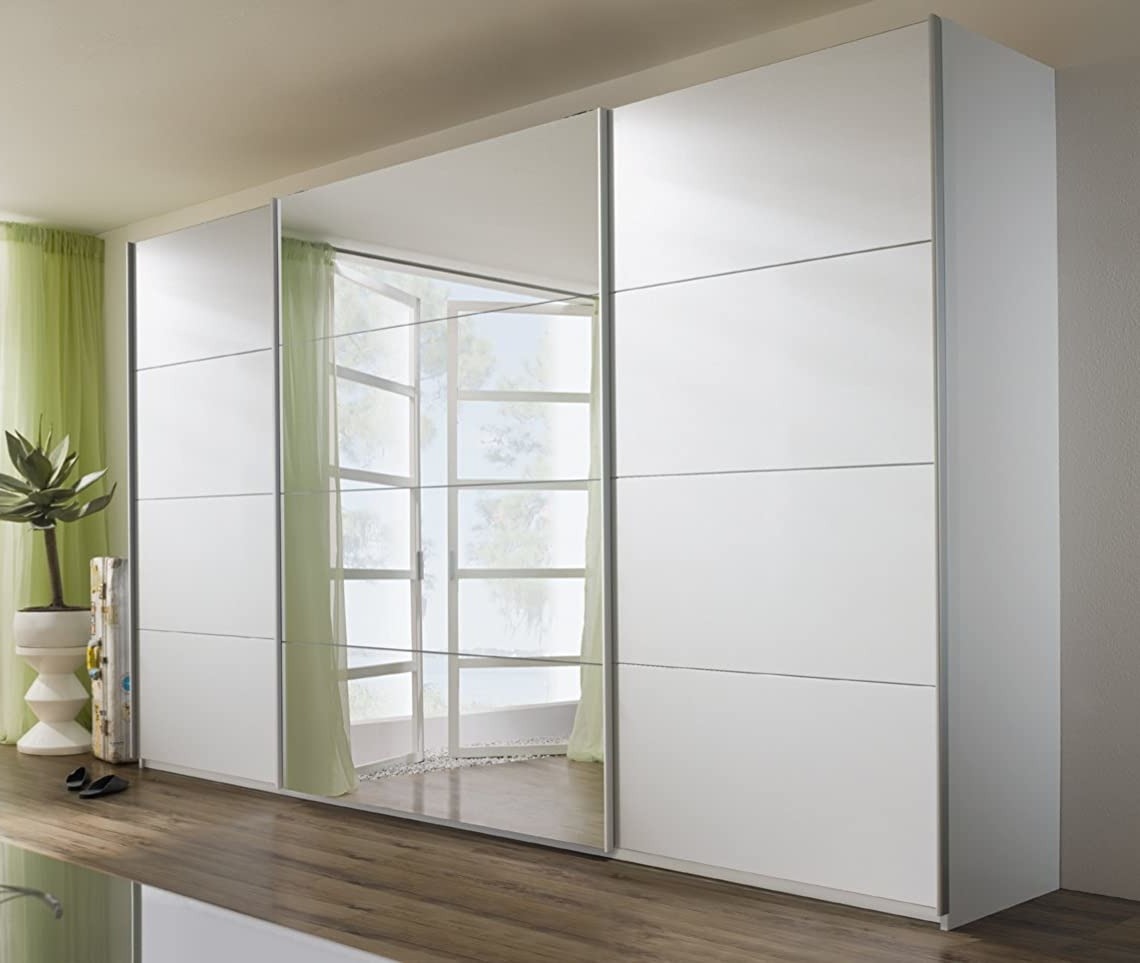 Großer Schwebetürenschrank moderner Kleiderschrank riesiger Schlafzimmer Schrank mit Spiegel 3-türig Weiß Alpin BxHxT 315x210x62 cm