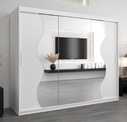 Großer weißer Schwebetürenschrank Spiegel Wellenform Kleiderschrank 250 cm Kleiderstange Einlegeboden Schlafzimmerschrank Schiebetüren Modernes Design