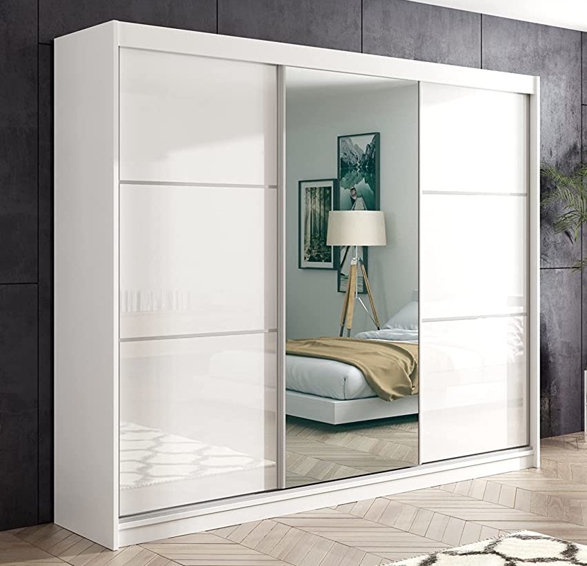 Kleiderschrank Hochglanz weiß mit Spiegel und Schiebetüren Schlafzimmer Schrank 180 cm Hochwertig modernes Design viel Stauraum