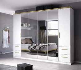 Luxuriöser Schlafzimmer Schrank Großer weißer Drehtürenschrank Eiche Massiv mit Spiegel & Schubladen Kleiderstangen 271x212x58 cm