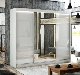 Moderner Kleiderschrank mit Spiegel und Glas Schiebetüren, großer Schlafzimmer Schrank Aluminium-Leisten 250 cm Weiß Lacobel