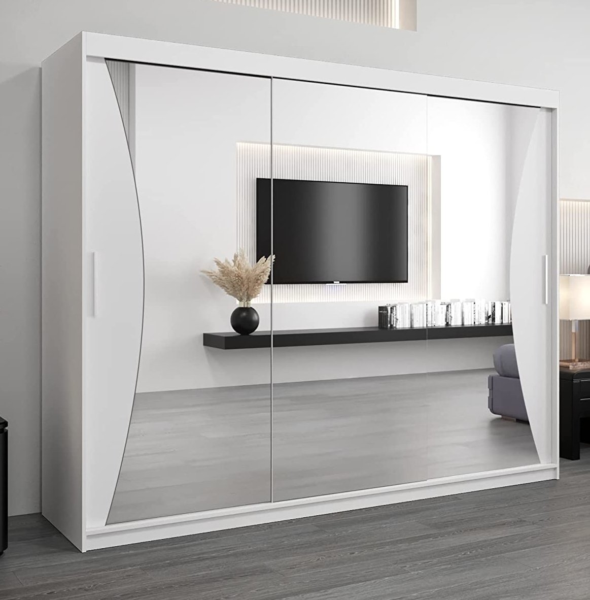 Moderner Schwebetürenschrank mit Spiegel weißer Kleiderschrank 250 cm Schlafzimmer- Wohnzimmerschrank Schiebetüren Modern Design