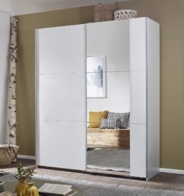 Praktischer Schlafzimmerschrank moderner Schwebetürenschrank Weiß mit Spiegel Schiebetüren Einlegeböden, 2 Kleiderstangen, 1 Hakenleiste, BxHxT 175x210x59 cm