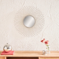 Runder Dekospiegel Spiegel Primula Ø 80 cm Silber Metall Rahmen Geflecht Seltener Designspiegel für Wohnräume Schlafzimmer Deko