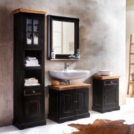 Badezimmerset Antik dunkel mit Spiegel Badezimmer Kombination im Kolonialstil Schwarz und Honigfarben Massivholz