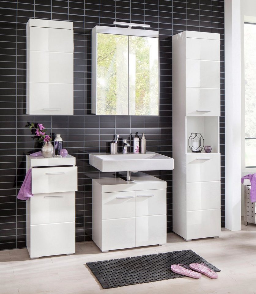 Modernes Badmöbel-Set weiß Hochglanz mit Spiegelschrank inkl. LED-Beleuchtung Waschbecken Unterschrank weiß oder Holzoptik