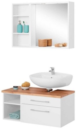 Badmöbel-Set Spiegel inklusive Beleuchtung Regal und Waschplatz Waschbecken Holz Natur Weiß mit Ablage