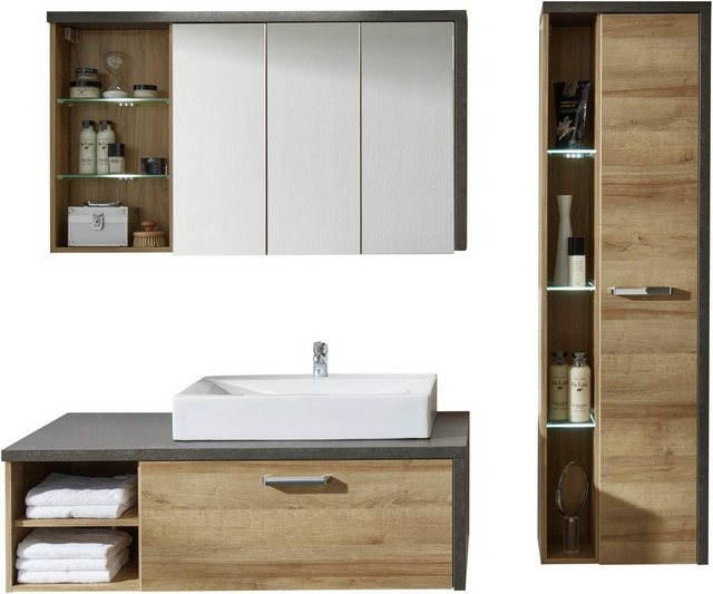 Badmöbel-Set Waschtisch Unterschrank Hängeschrank Spiegelschrank Holzfurnier Natur Design Moderne Badezimmer-Möbel Kombination