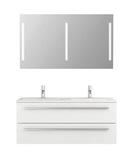 Doppelwaschtisch mit Unterschrank 120 x 50 cm und Badspiegel mit Beleuchtung, Badmöbel Set I Modern Weiß