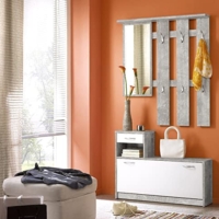 Garderoben-Set Beton Grau Weiß Schuhschrank Kleider Schrank mit Spiegel Kleiderhaken Flur Möbel modern