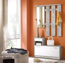 Garderoben-Set Beton Grau Weiß Schuhschrank Kleider Schrank mit Spiegel Kleiderhaken Flur Möbel modern