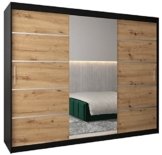 Großer Kleiderschrank Natur Holz Moderner Schwebetürenschrank mit Spiegel Schwarz + Artisan Eiche 250cm Schlafzimmer Wohnzimmerschrank Schiebetüren