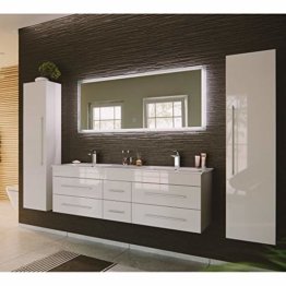 Luxuriöses Badmöbel Komplett Set, Hochglanz weißer moderner Waschtisch Unterschrank, 2 Waschbecken, LED-Spiegel, 2 Hochschränke