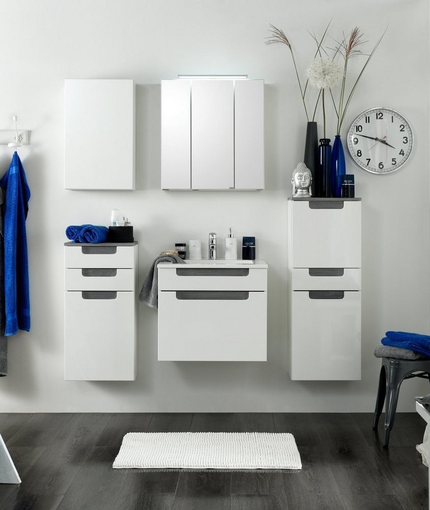 Minimalistisches Badmöbel-Set weiß modern, Spiegelschrank inklusive LED-Beleuchtung, Breite 60 cm