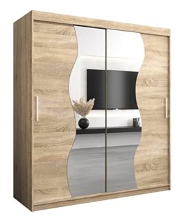 Moderner Kleiderschrank Holz Natur Design Sonoma Schwebetürenschrank 180 cm mit Spiegel Schlafzimmerschrank Schiebetüren Wellenform