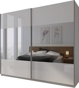 Moderner Kleiderschrank mit Spiegeltüren Schlafzimmer Weiß Matt / Weiß Hochglanz, Schwebetüren, Hochglanz, Spiegel Breite 244cm