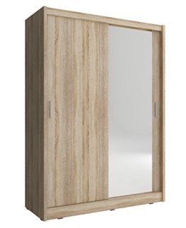 Moderner Kleiderschrank Natur helles Holz Dekor Sonoma Eiche mit Spiegel Schrank Garderobe Schiebtüren Kleiderstange 130 cm