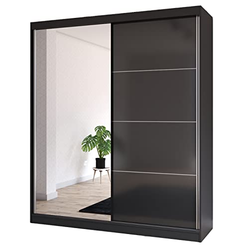 Moderner Schiebetürenschrank, eleganter Kleiderschrank Design Schwarz dunkel Spiegel Schrank Garderobe Schlafzimmer Schiebetüren