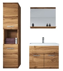 Modernes Badezimmer Badmöbel Set Natur Holz Waschbecken Eiche Unterschrank Hochschrank Waschtisch Bad Möbel 60cm
