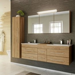 Modernes Badmöbel Komplett Set, Eiche Natur hell, 153cm Badezimmer Möbel Set Waschtisch Unterschrank, Doppel-Waschtisch, LED-Spiegelschrank und Hochschrank