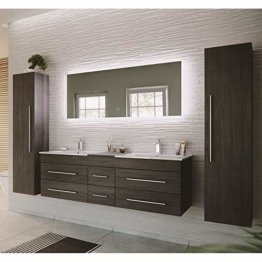 Modernes Badmöbel Set, anthrazit dunkel gemasert Doppel Waschtisch Unterschrank, Bad Möbel 2 Waschbecken, LED-Spiegel, 2 Hochschränke