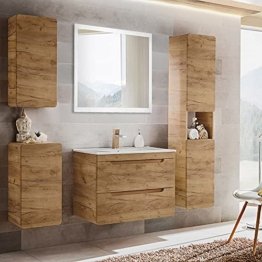 Modernes Badmöbel Set Eiche Holz Natur Design Keramik Waschtisch mit Unterschrank, LED-Spiegel mit Touch, Hochschrank, Hängeschrank, Unterschrank