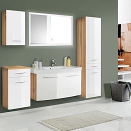 Modernes Badmöbel Set Hochglanz weiß mit Wotan Eiche Holz Natur, Waschtisch mit Unterschrank, 100cm Waschbecken, LED-Spiegel mit Touch Funktion