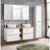 Modernes Badmöbel Set Hochglanz weiß mit Wotaneiche, Waschtisch Unterschrank inkl. 2 Keramik Waschbecken, LED-Spiegel und Hochschrank