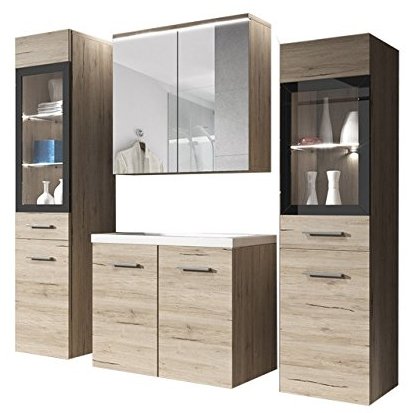 Modernes Badmöbel Set mit Waschbecken Spiegelschrank und Siphon, Badezimmer, Komplett SET, Waschtisch, Hochschrank, Möbel LED Beleuchtung