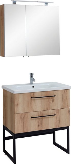 Modernes Badmöbel-Set Spiegelschrank mit Waschtisch Natur Holz Badspiegel Spiegel Badezimmer Möbel Schrank