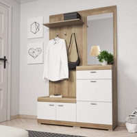 Modernes Garderoben-Set Wandgarderobe, Flurgarderobe, Spiegel, 3 Kleiderhaken Eiche/Weiß Holz Natur Kleidung Schuhe Schrank Ablage