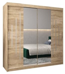 Schlafzimmer Kleiderschrank Modern Natur Holz Design Sonoma Schwebetürenschrank mit Spiegel Kleiderstange Einlegeboden Schiebetüren