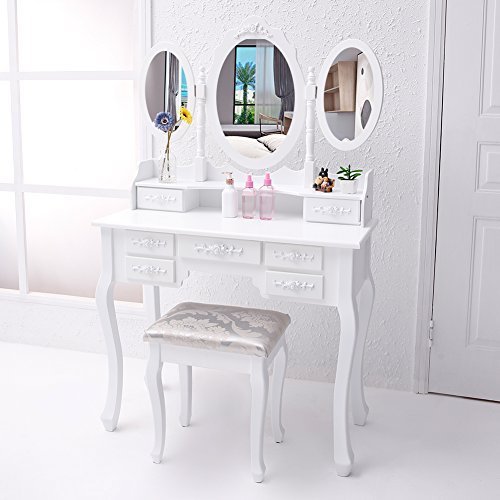 Schminktisch Frisiertisch Kosmetiktisch mit Spiegel Hocker Makeup Table Weiß Modern Prinzessin Jugendzimmer Mädchenzimmer Schminken