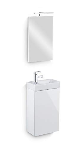 Spiegel Badmöbel Set Waschbecken mit Unterschrank, Spiegel LED Beleuchtung Badmöbel für kleines Bad Waschbeckenunterschrank Weiß Hochglanz Softclose