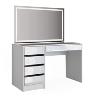 Spiegel Schminktisch weiß Hochglanz LED-Spiegel Frisiertisch Kommode Spiegeltisch 5 Schubladen Schubfächer Schminkspiegel