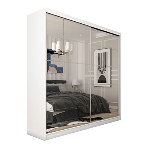 Spiegeltüren Kleiderschrank großer Spiegel Schwebetürenschrank mit Kleiderstange - Schlafzimmerschrank  200 cm  Weiß modern